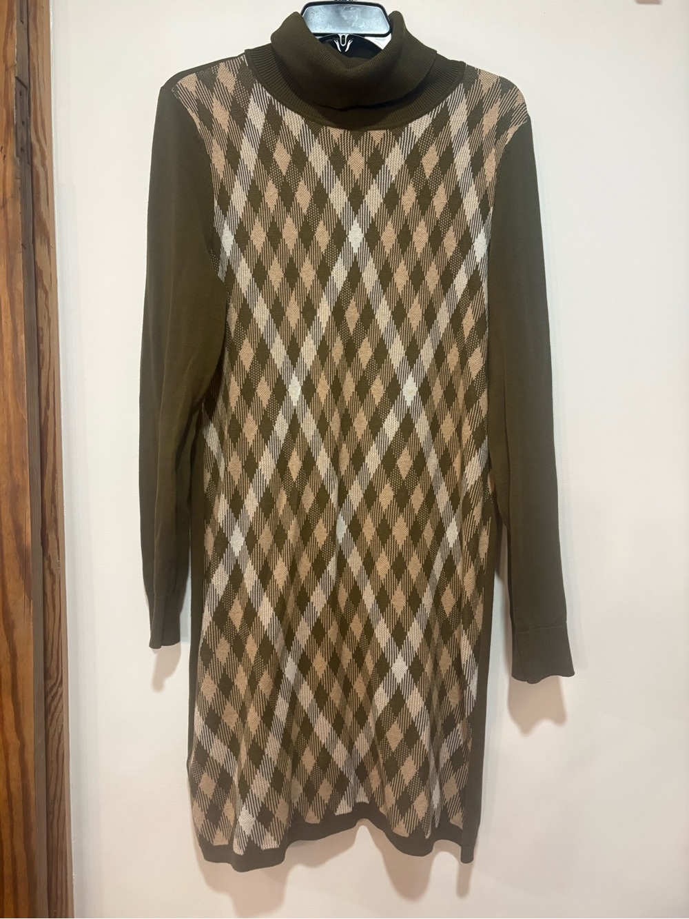 Tommy Hilfiger Olive Argyle Turtleneck Sweater Dress NEVER BEEN WORN